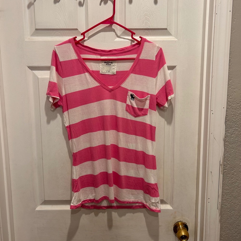 Y2k Abercrombie & Fitch Womens Pink White Striped V-Neck Pocket T-Shirt L Logo